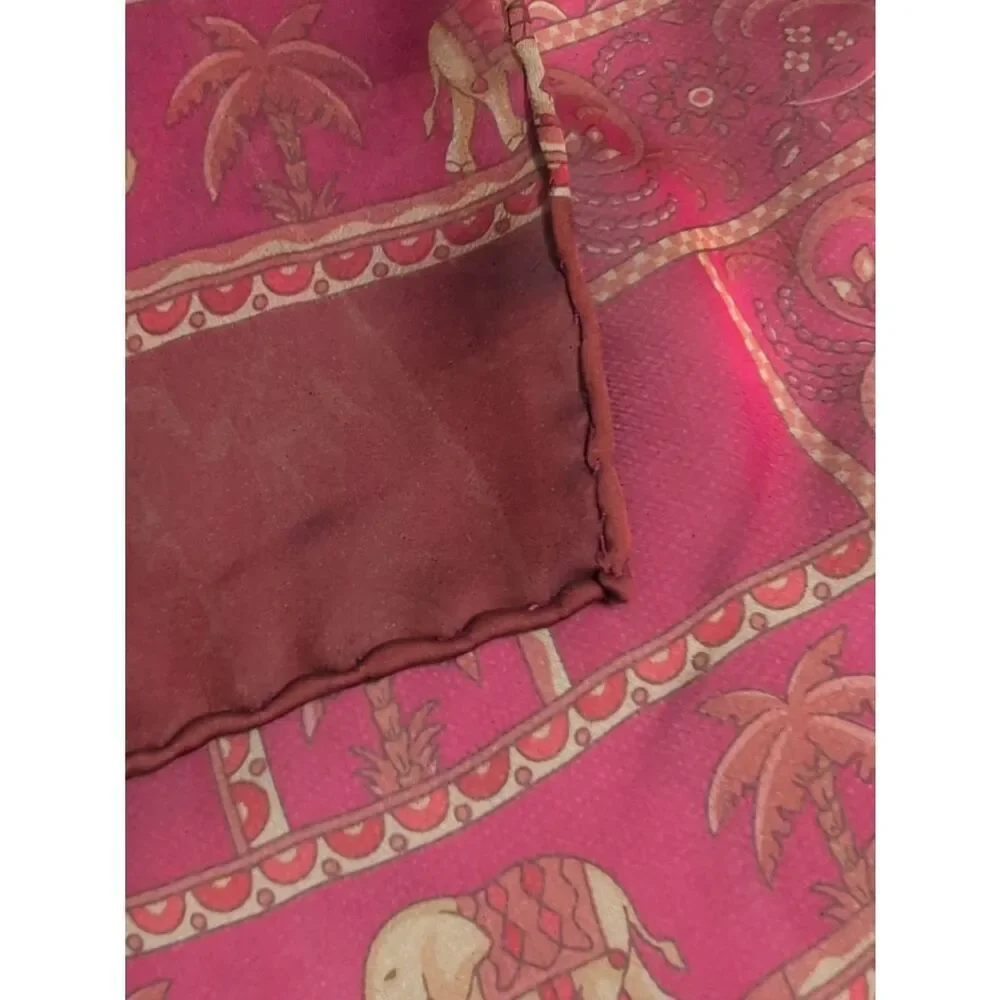 Salvatore Ferragamo Burgundy Silk Striped Floral Scarf with Elephants and Camels